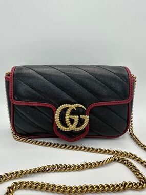 Gucci Black Marmont Crossbody Bag with Red Trim and Gold Hardware
